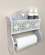 Grey Wooden Kitchen Towel Holder With Cutout Pattern Shelf