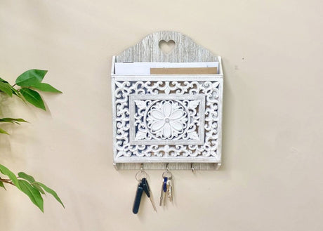 Grey Wooden 3 Hook Key Holder With Cutout Pattern Shelf