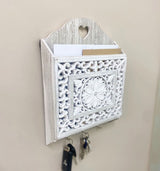 Grey Wooden 3 Hook Key Holder With Cutout Pattern Shelf