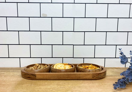 Set Of Three Bowls On Wooden Tray