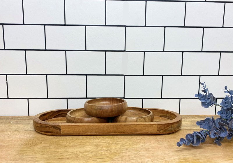 Set Of Three Bowls On Wooden Tray