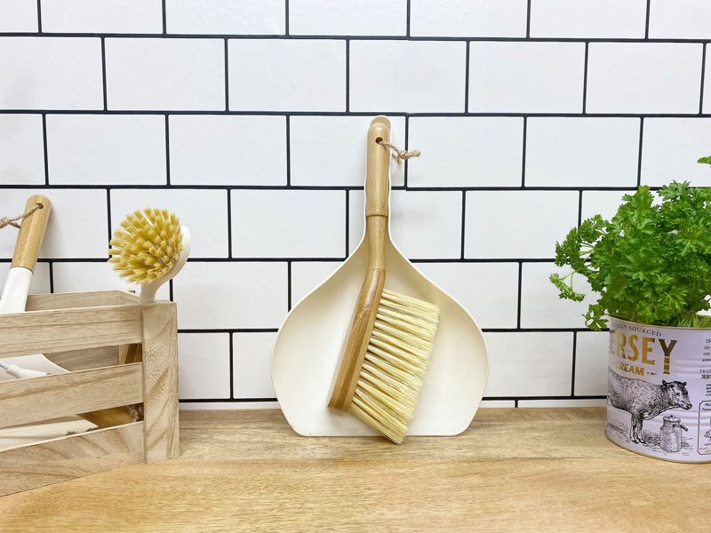 Cream Dustpan & Bamboo Wooden Brush