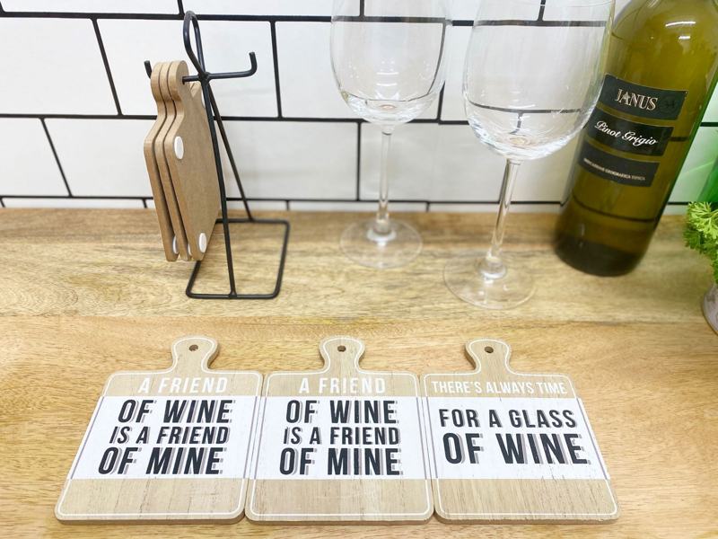 Set of Six Wine Slogan Coasters On Metal Stand