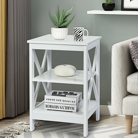 3-Tier X-Design Nightstand Side Table with Stable Structure-White