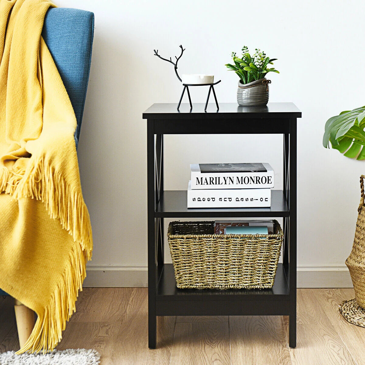 3-Tier X-Design Nightstand Side Table with Stable Structure-Black