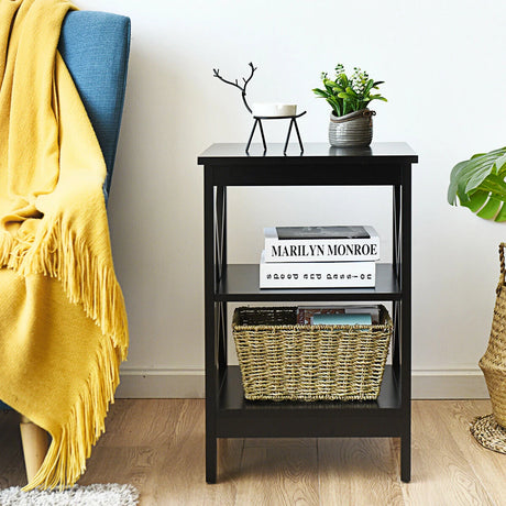 3-Tier X-Design Nightstand Side Table with Stable Structure-Black