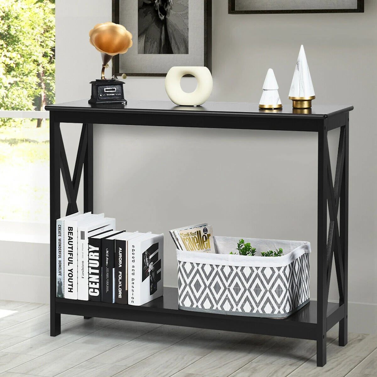Industrial 2-Tier Narrow Console Table with Storage Shelf for Entryway-Black