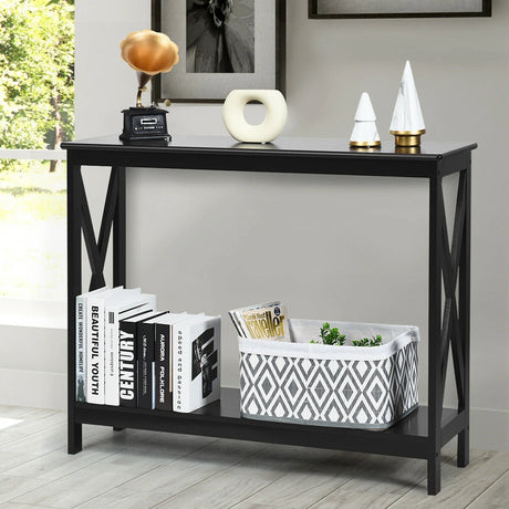 Industrial 2-Tier Narrow Console Table with Storage Shelf for Entryway-Black