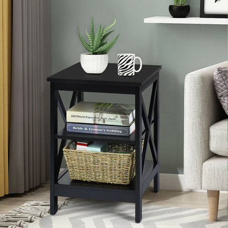 3-Tier X-Design Nightstand Side Table with Stable Structure-Black