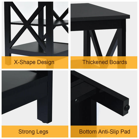 3-Tier X-Design Nightstand Side Table with Stable Structure-Black