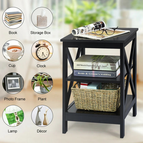 3-Tier X-Design Nightstand Side Table with Stable Structure-Black