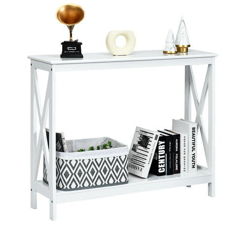 Industrial 2-Tier Narrow Console Table with Storage Shelf for Entryway-White