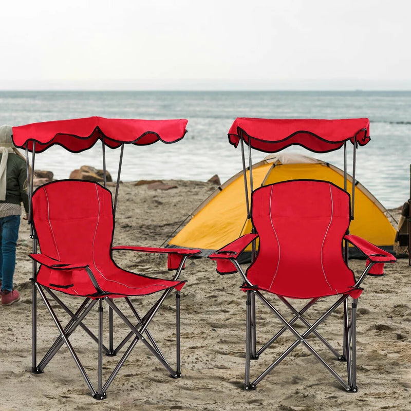 Portable Folding Beach Canopy Chair with Cup Holders-Red