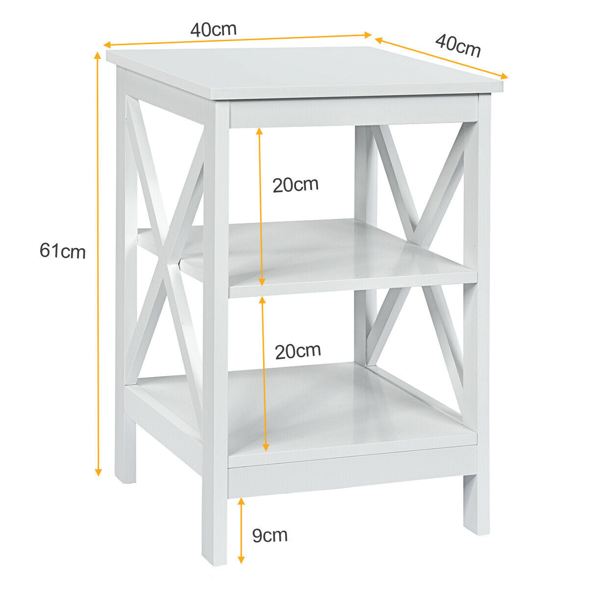 3-Tier X-Design Nightstand Side Table with Stable Structure-White
