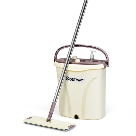 Flat Squeeze Mop & Bucket Set with 2 Microfiber Pads for Hand-Free Wringing