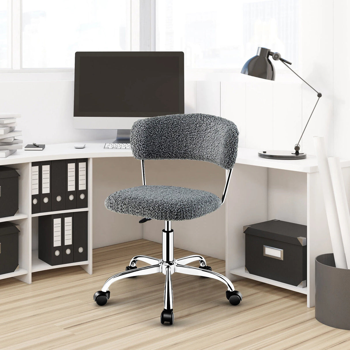 Faux Fur Low Back Swivel Leisure Chair with Height Adjustable Padded Seat-Grey