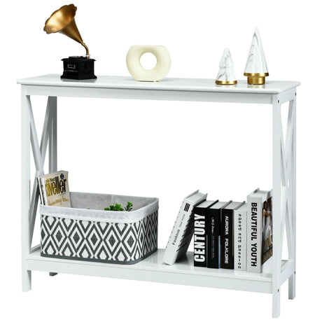 Industrial 2-Tier Narrow Console Table with Storage Shelf for Entryway-White