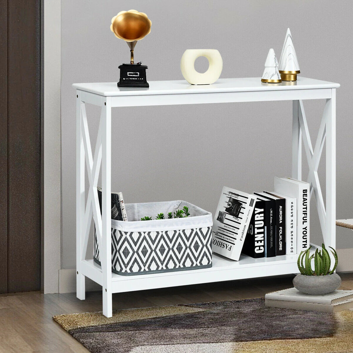 Industrial 2-Tier Narrow Console Table with Storage Shelf for Entryway-White