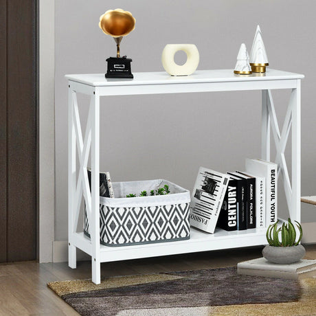 Industrial 2-Tier Narrow Console Table with Storage Shelf for Entryway-White