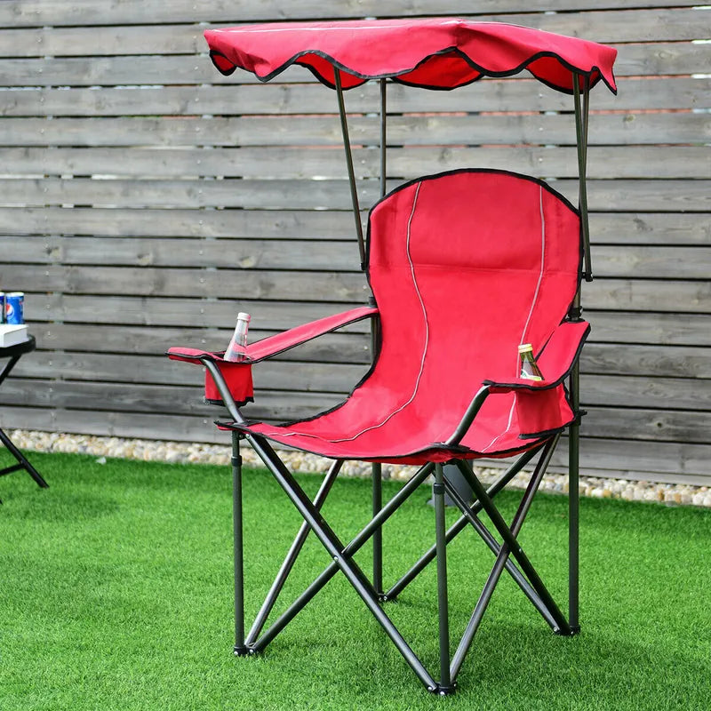 Portable Folding Beach Canopy Chair with Cup Holders-Red
