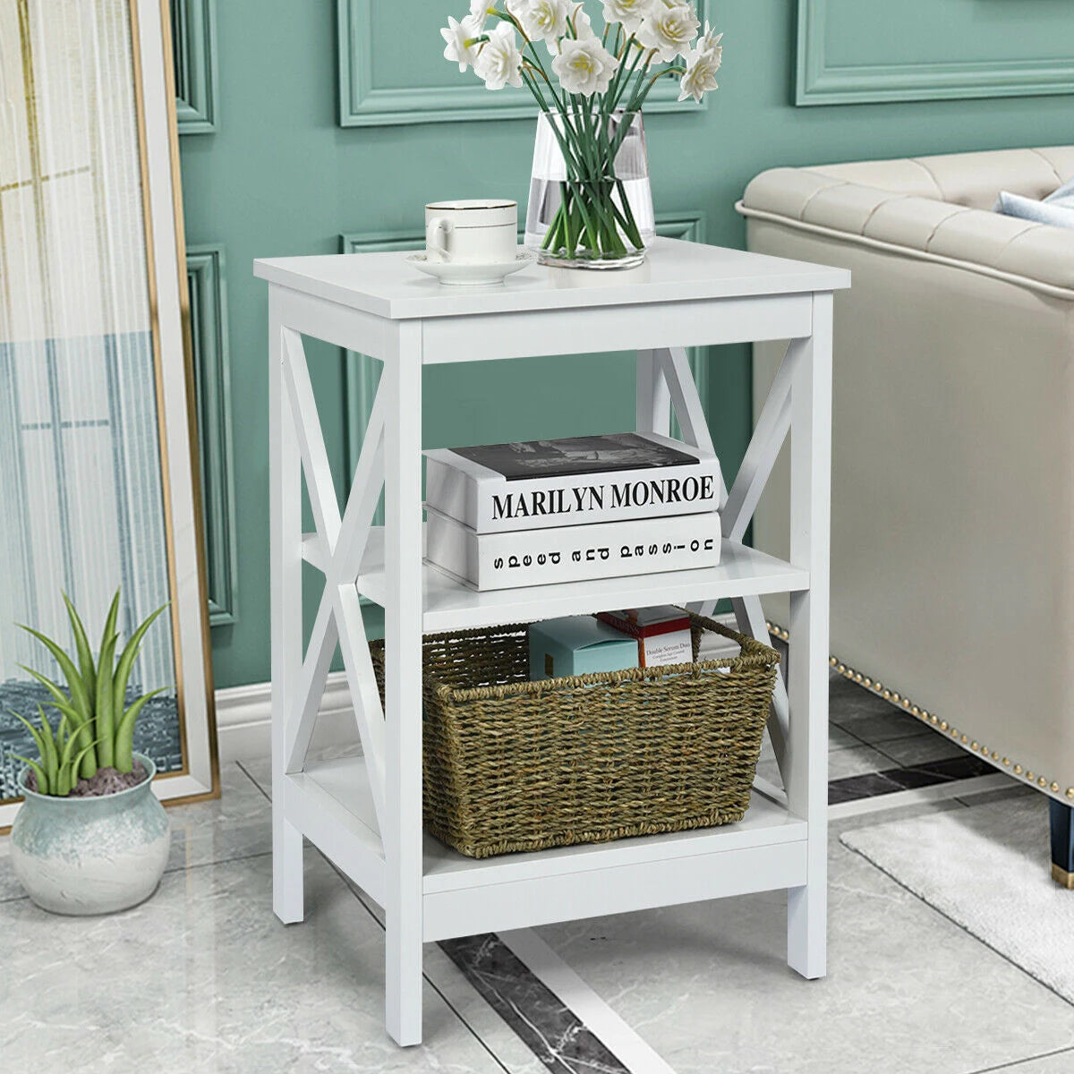 3-Tier X-Design Nightstand Side Table with Stable Structure-White