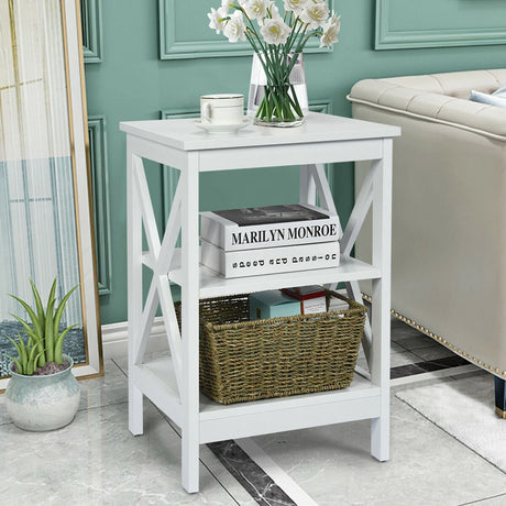 3-Tier X-Design Nightstand Side Table with Stable Structure-White