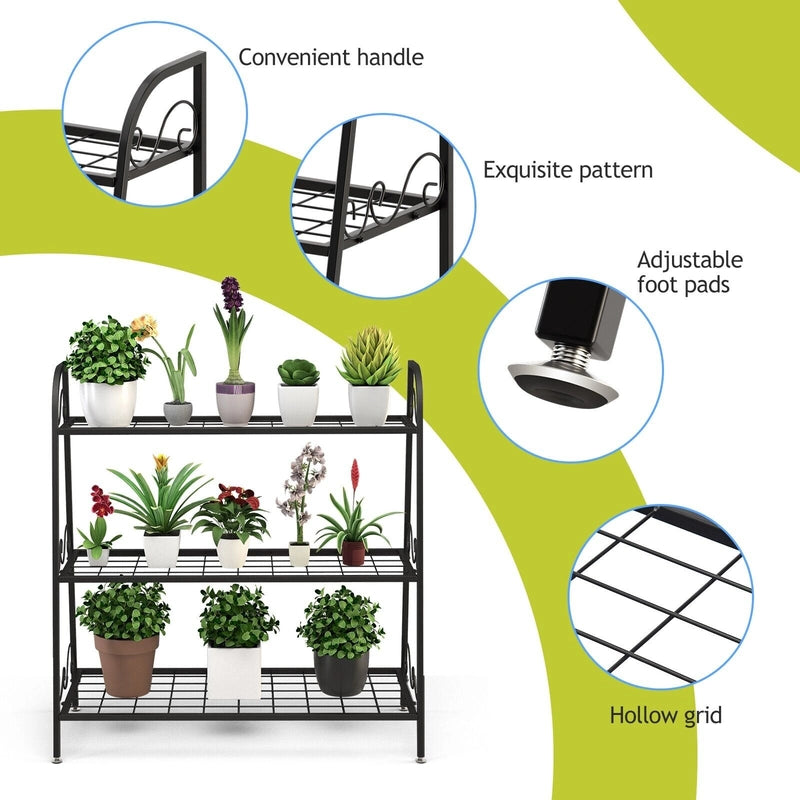 3-Tier Metal Plant Stand with Adjustable Feet for Indoor & Outdoor