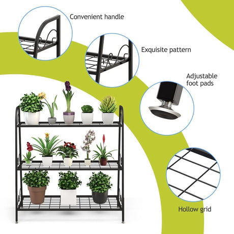 3-Tier Metal Plant Stand with Adjustable Feet for Indoor & Outdoor