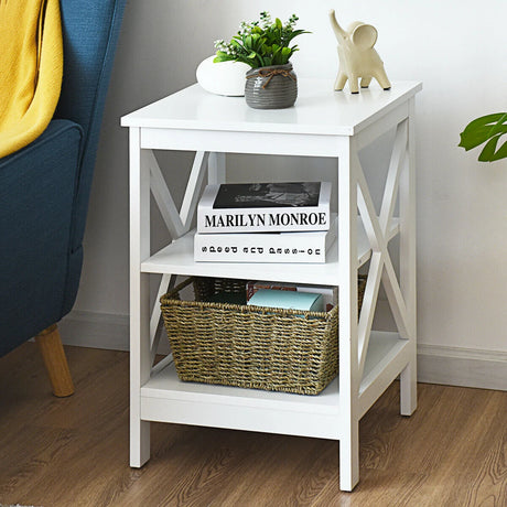 3-Tier X-Design Nightstand Side Table with Stable Structure-White
