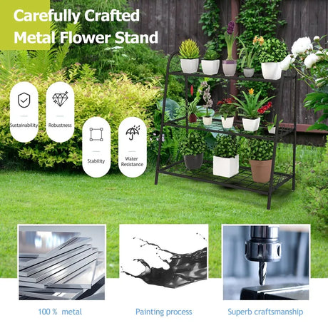 3-Tier Metal Plant Stand with Adjustable Feet for Indoor & Outdoor