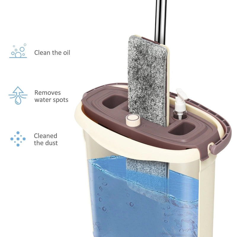 Flat Squeeze Mop & Bucket Set with 2 Microfiber Pads for Hand-Free Wringing