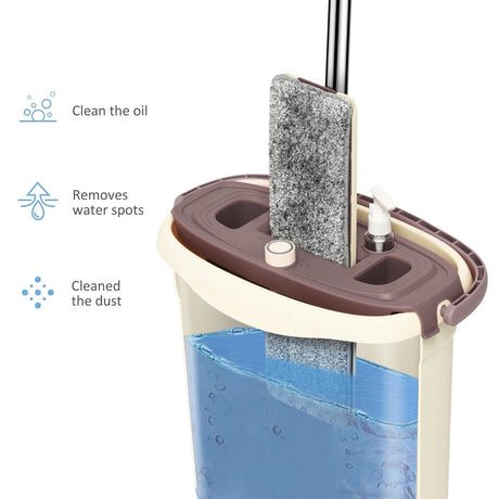 Flat Squeeze Mop & Bucket Set with 2 Microfiber Pads for Hand-Free Wringing