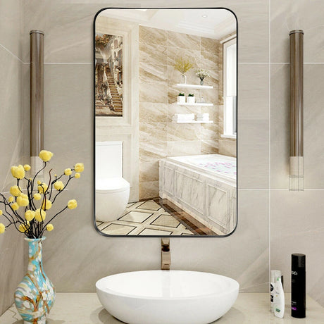 Bathroom Wall Mirror with Rounded Corner for Washroom-Black