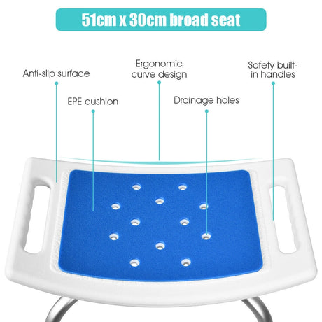 Shower Stool 6 Adjustable Heights Non-Slip Padded Blue Seat