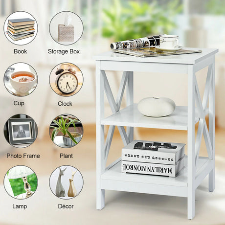 3-Tier X-Design Nightstand Side Table with Stable Structure-White