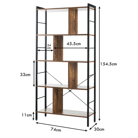 5-Tier Industrial Style Bookcase with Metal Frame