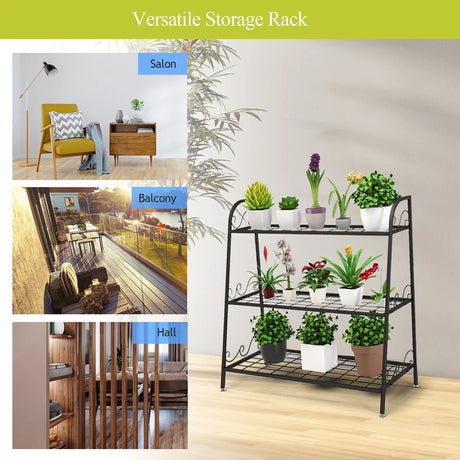 3-Tier Metal Plant Stand with Adjustable Feet for Indoor & Outdoor