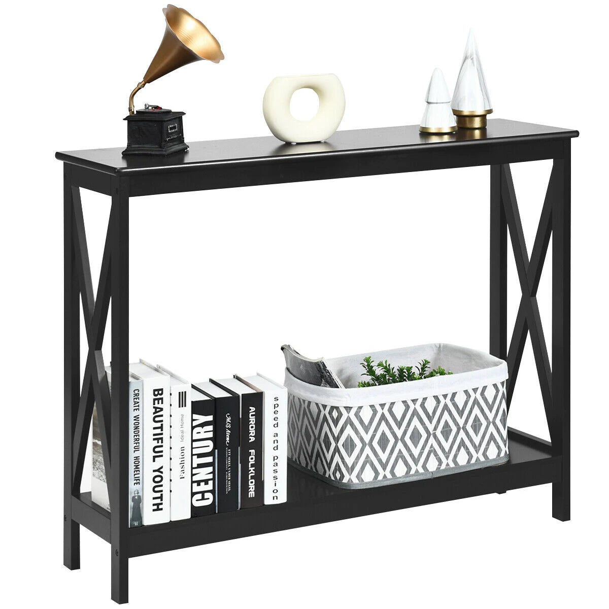 Industrial 2-Tier Narrow Console Table with Storage Shelf for Entryway-Black