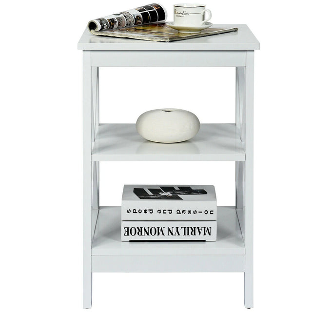 3-Tier X-Design Nightstand Side Table with Stable Structure-White