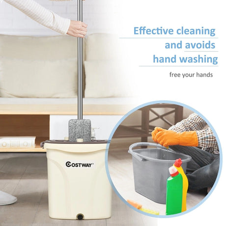 Flat Squeeze Mop & Bucket Set with 2 Microfiber Pads for Hand-Free Wringing