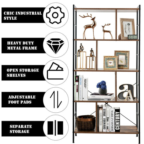 5-Tier Industrial Style Bookcase with Metal Frame