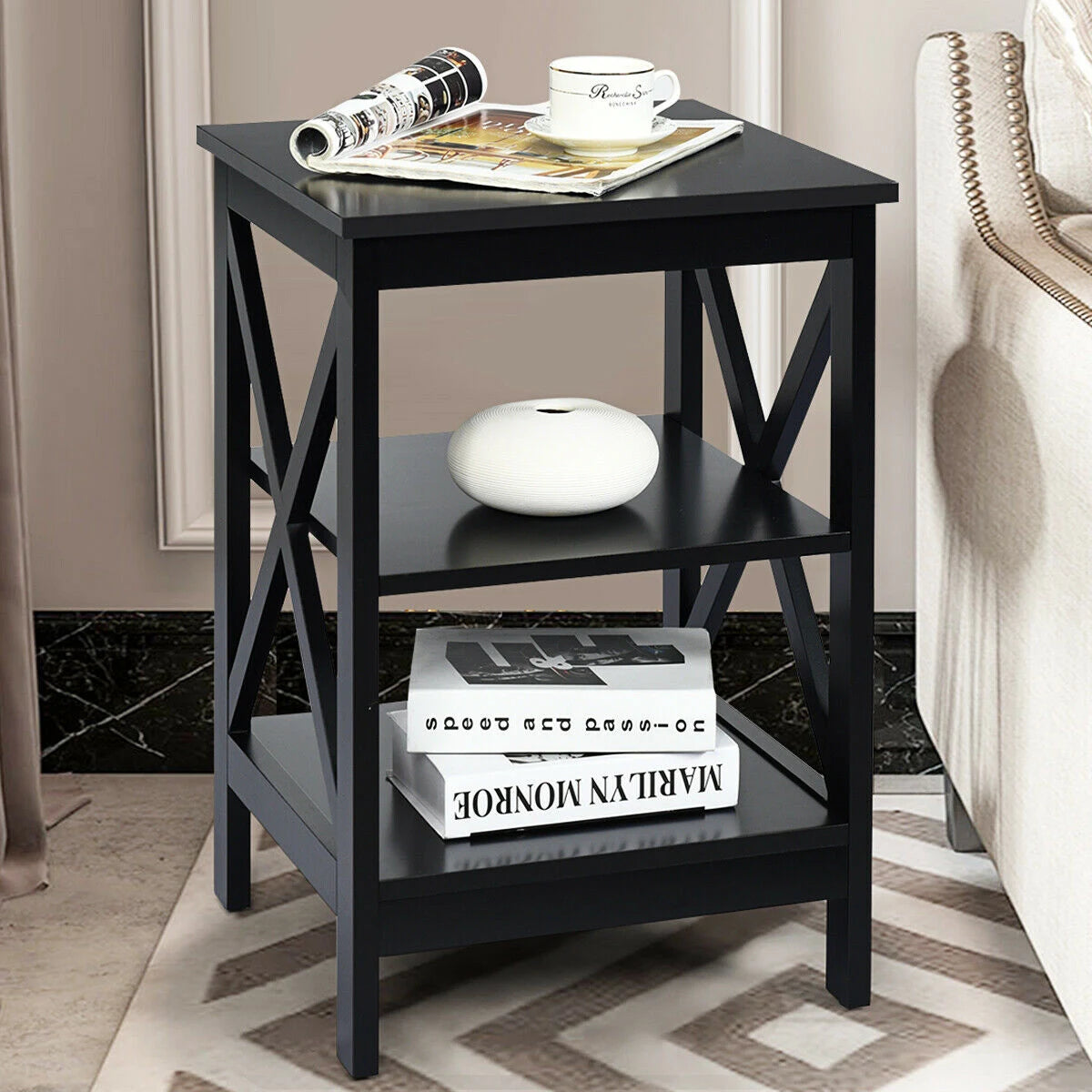 3-Tier X-Design Nightstand Side Table with Stable Structure-Black