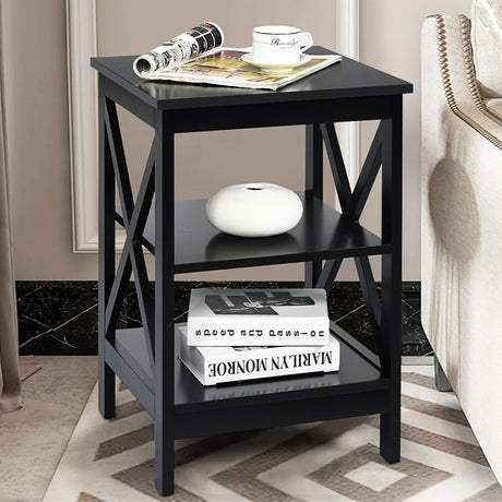 3-Tier X-Design Nightstand Side Table with Stable Structure-Black