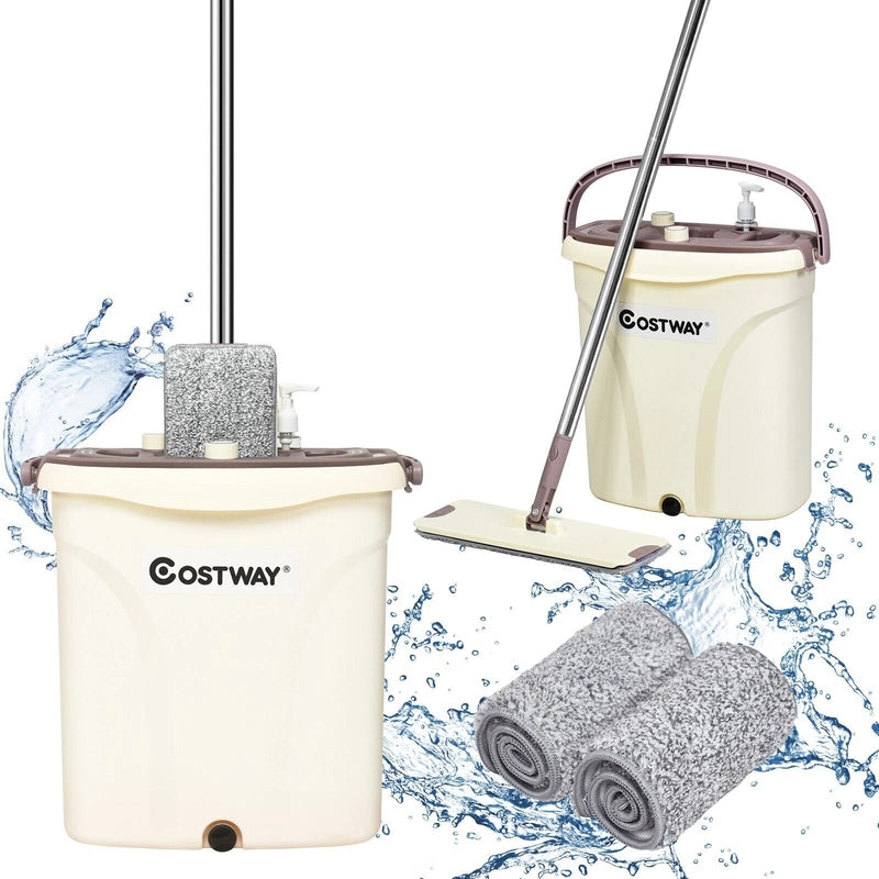 Flat Squeeze Mop & Bucket Set with 2 Microfiber Pads for Hand-Free Wringing