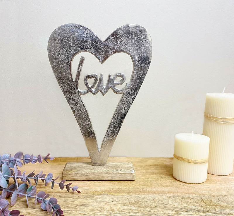 Metal Silver Heart Love On A Wooden Base Large