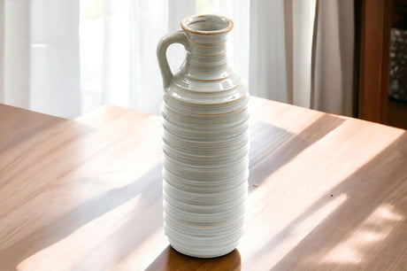 Ceramic Grey Ribbed Vase With Handle 34cm