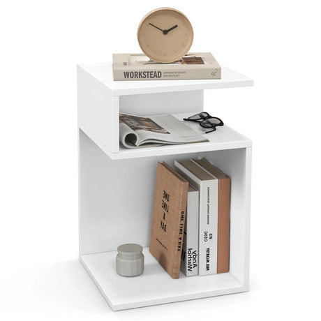 S-Shaped Side Table with Unique S-shaped Frame and 2 Open Compartments-White