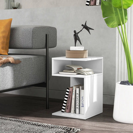 S-Shaped Side Table with Unique S-shaped Frame and 2 Open Compartments-White