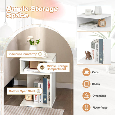 S-Shaped Side Table with Unique S-shaped Frame and 2 Open Compartments-White