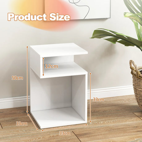 S-Shaped Side Table with Unique S-shaped Frame and 2 Open Compartments-White